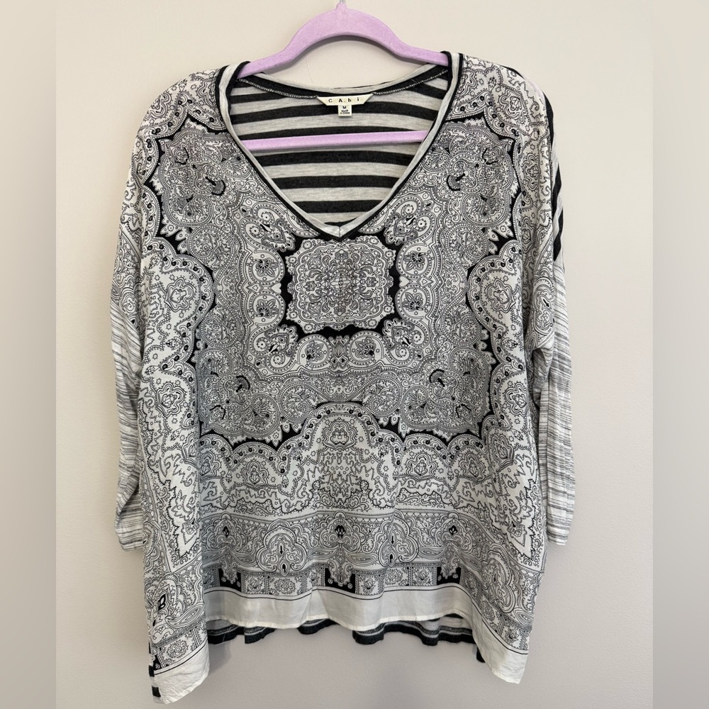 CAbi Black and White Patterned 100% Silk Blouse